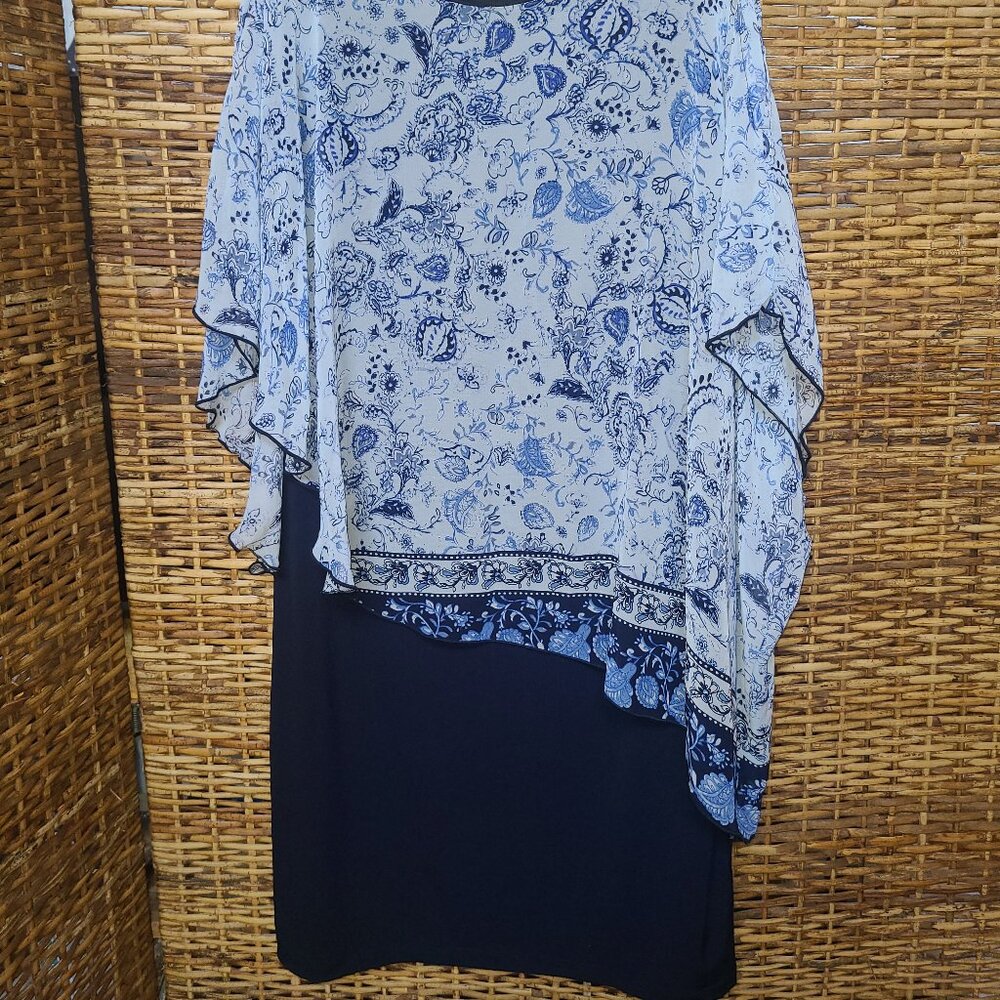 Enfocus Studio Blue Sleevless Dress Size 12 Cold Shoulder Built in Sheer Cape